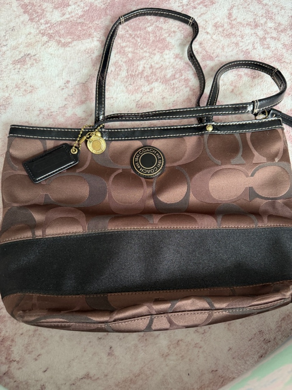 Coach Brown Signature Canvas Tote with Black Trim and Gold Hardware